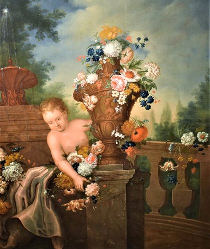 Nature Morte de Fleurs avec Putto et Fontaine dans un  jarden